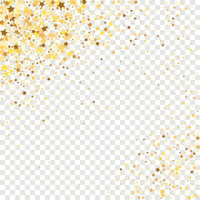 Star Sequin Confetti On Black Background. Vector Gold Glitter. Falling Particles On Floor. Voucher Gift Card Template. Christmas Party Frame. Isolated Flat Birthday Card. Golden Stars Banner.