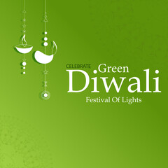 Green Diya lamps lit down during Diwali celebration green Diwali concept.