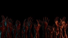 Many Spooky Hands Swing On Black Background. Creepy 3D 4K Animation With Copy Space