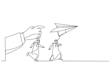 Wall Mural - Cartoon of arab businessman run to paper plan. Metaphor for follow instruction. Continuous line art style