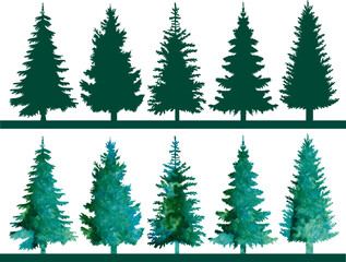 Wall Mural - christmas tree green silhouette watercolor set design isolated vector