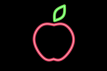 Wall Mural - Neon red apple silhouette thin line icon for restaurant logo design. Vector illustration of a food mascot isolated on a black background.