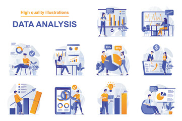 Poster - Data analysis web concept with people scenes set in flat style. Bundle of searching statistics at charts or graphs, making financial reports, research market. Vector illustration with character design