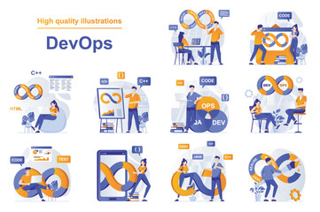 Leinwandbilder - DevOps web concept with people scenes set in flat style. Bundle of programmers interact with tech support engineers, administration development operations. Vector illustration with character design