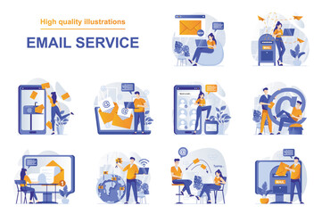 Leinwandbilder - Email service web concept with people scenes set in flat style. Bundle of online communication programs, sending and receiving messages, promo newsletter. Vector illustration with character design