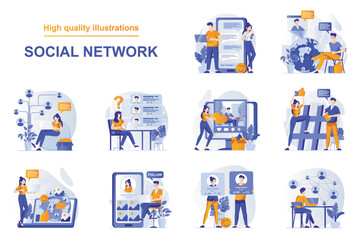 Aufkleber - Social network web concept with people scenes set in flat style. Bundle of online messaging, chatting with friends, surfing, posting photos, commenting. Vector illustration with character design