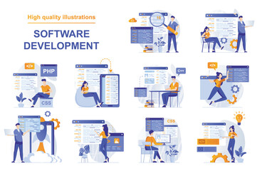 Leinwandbilder - Software development web concept with people scenes set in flat style. Bundle of backend development, programming, working with abstract code and scripts. Vector illustration with character design