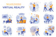 © alexdndz - Virtual reality web concept with people scenes set in flat style. Bundle of users in VR headsets playing games, working, learning, going in for cybersport. Vector illustration with character design