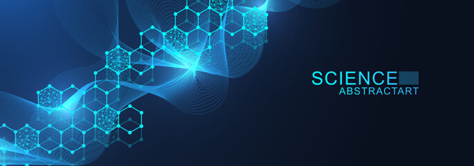 Poster - modern scientific background with hexagons, lines and dots. wave flow abstract background. molecular