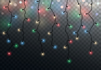 Wall Mural - vector decorative border with hanging christmas light chains on dark background