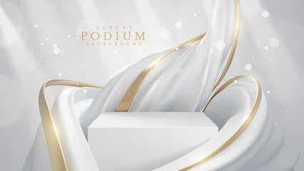 Wall Mural - product display podium with white liquid element with golden curve lines decoration and glitter ligh