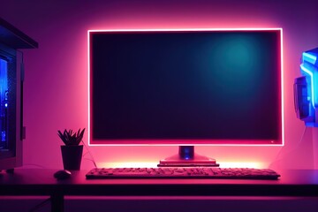 Aufkleber - Raster illustration of workplace in dark colors. Computer monitor with neon illumination, desktop, window, speakers, keyboard, wires, electronics, smart devices, blue and pink colors. 3D rendering.