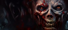 A Halloween Creepy Skull With Red Eyes And Blood On Its Face, Fantastic Illustration Background Wallpaper. Epic Digital Art Style Illustration.