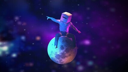 Wall Mural - man with box in his head sitting on the moon in the background the intergalactic universe.