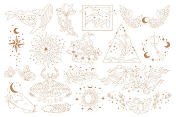 Sticker - Hand drawn set of celestial bodies and mystic magical elements in vintage boho style