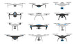 Realistic drones, flying quadcopter with remote controllers. Unmanned aerial drones set