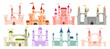 Medieval castle towers set. Fairytail mansion exterior, king fortress castles and fortified palace