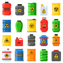 Flammable Waste Set. Safety Container With Chemical Explosive Substance, Fuel Barrel For Storage