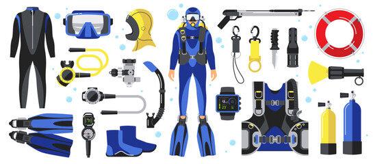 Diving equipment set. Scuba diver man in wetsuit, gear and accessories. Underwater activity