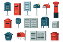 Retro Mailbox Or Vintage Post Box. Letter Boxes For Communication, Mailing. Correspondence Service