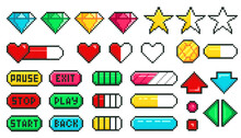 Pixel Game Menu Buttons. Game 8 Bit Ui Controller Arrows, Level And Live Bars, Menu, Stop, Play Set