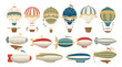 Dirigible and hot air balloons. Realistic retro aviation objects, zeppelins, airships, sky transport