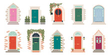 Retro Doors. Front Doorway Exterior With Brick Wall. House Or Office Red Green Entrance With Glass
