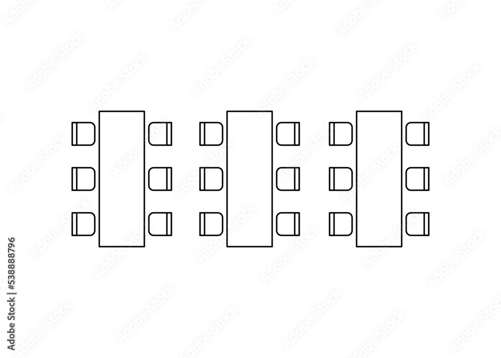 Row arranging seats and tables in interior, layout graphic outline ...