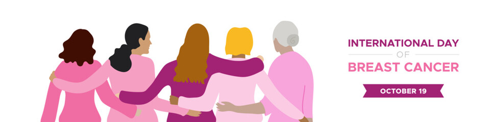 Wall Mural - International Day of Breast Cancer. October 19. Group of five women embracing of different ages dressed in pink. Horizontal banner. Vector illustration, flat design