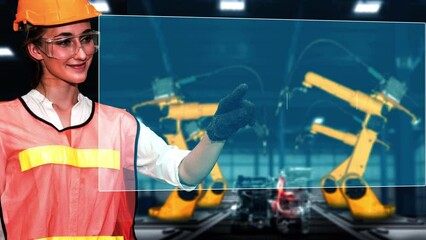 Poster - engineer use cybernated robotic software to control industry robot arm in factory . automation manuf