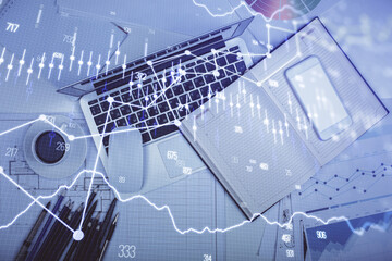 Aufkleber - Multi exposure of forex chart drawing over table background with computer. Concept of financial research and analysis. Top view.