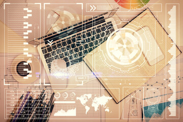Poster - Multi exposure of data drawing hologram over topview of study desk background with computer. Concept of technology.