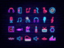 Music Neon Icons Collection. Stand Up And Concert. Headphones And Microphone. Vector Illustration