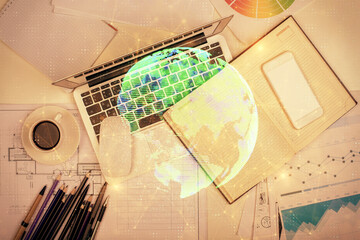 Poster - Social network hologram drawings over computer on the desktop background. Top view. Multi exposure. Concept of people connection.