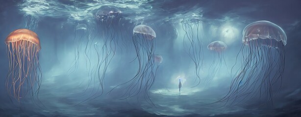 Wall Mural - Glowing jellyfish swim deep in blue sea. Medusa neon jellyfish fantasy water, long filaments of cnidocytes. 3d illustration