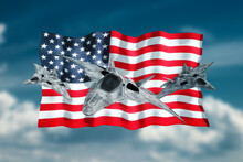 US Air Force Strike Concept. 3D Render Of Modern Combat Aircraft Against The Background Of The American Flag, 5th Or 6th Generation Fighter In The Sky. 3D Illustration.