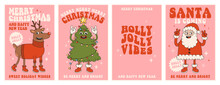 Merry Christmas And Happy New Year. Santa Claus, Christmas Tree, Reindeer, Holly Jolly Vibes In Trendy Retro Cartoon Style. Greeting Cards, Posters, Prints, Party Invitations. Red And Pink Colors.