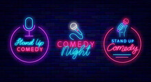 Stand Up Comedy Neon Signboards Collection. Comic Night Show. Light Signs Pack. Vector Stock Illustration