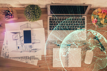 Poster - Social network hologram drawings over computer on the desktop background. Top view. Double exposure.