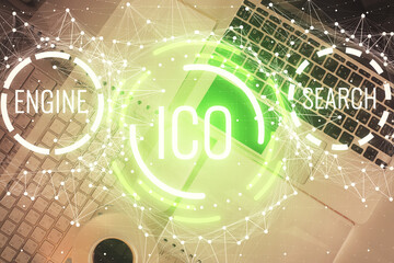 Poster - Blockchain theme hologram drawings over computer on the desktop background. Top view. Double exposure.