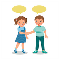 Canvas Print - Two cute little kids boy and girl shaking hands making introduction or congratulating to each others