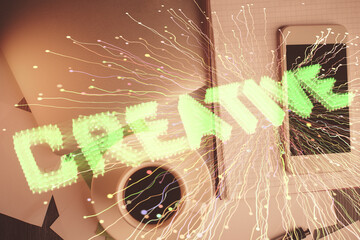 Poster - Multi exposure of creative drawing over table with phone. Top view. Concept of startup.
