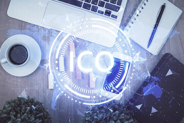 Poster - Double exposure of blockchain theme hologram over table with phone. Top view. Crypto technology concept.