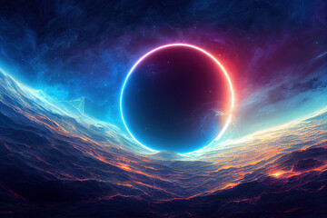 Wall Mural - Galactic Deep Space Halo. Stunning Landscape of Universe. Cosmos Nebula Concept Art. Glow Stardust and Blackhole. 3D Illustration. 