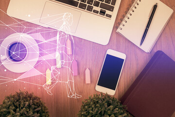 Poster - Multi exposure of creative drawing over table with phone. Top view. Concept of startup.