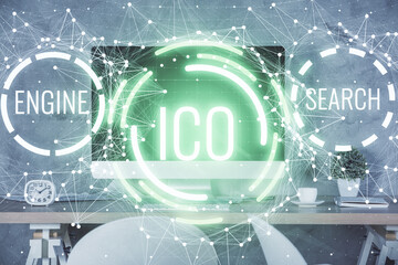 Aufkleber - Double exposure of crypto technology theme drawing and office interior background. Concept of blockchain.