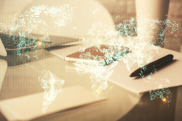 Poster - Double exposure of social network theme drawing and cell phone background. Concept of people connection over the world