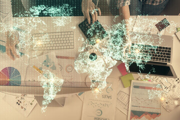 Poster - Double exposure of man and woman working together and social network theme hologram drawing. People connection concept. Computer background.
