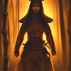  futurist female samuari warrior ,on orange background ,with bamboo ,digital painting . made with the help of AI