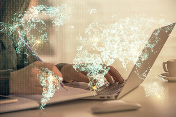Aufkleber - Double exposure of woman hands typing on computer and social network theme hologram drawing. People media concept.